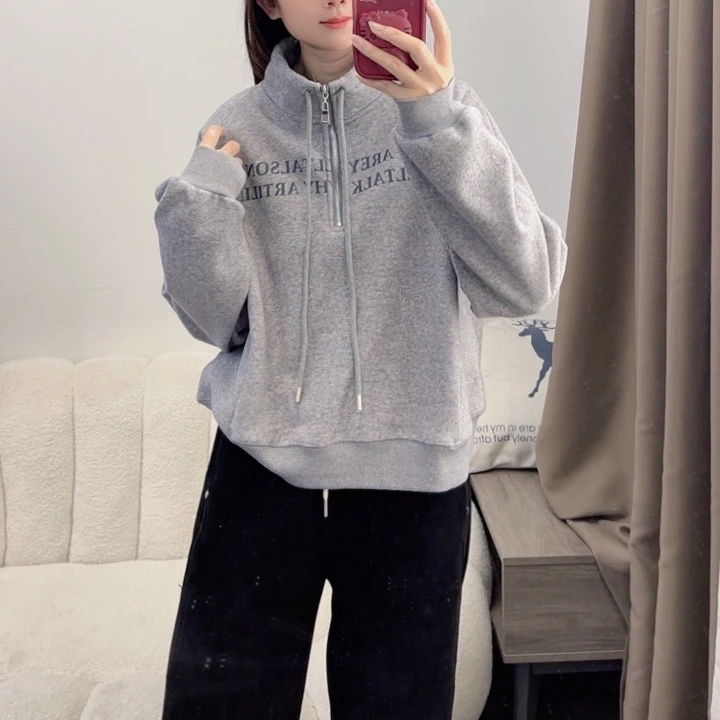 S/H立领字母印花抽绳加奥粒绒卫衣半拉链宽松套头时尚上衣DYY2344