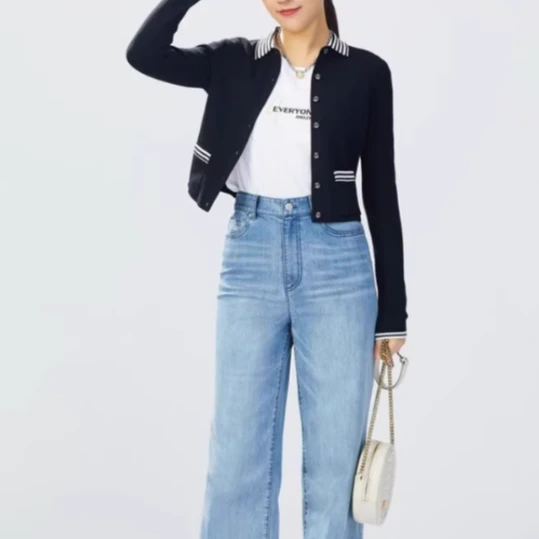 百搭短款极简黑白风小香风针织长毛衣开衫Polo针织开衫5499162