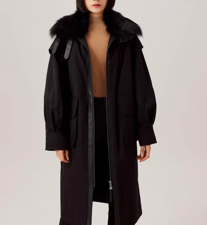 24K年简约宽松长款派克厚大衣保暖外套附毛领5400734