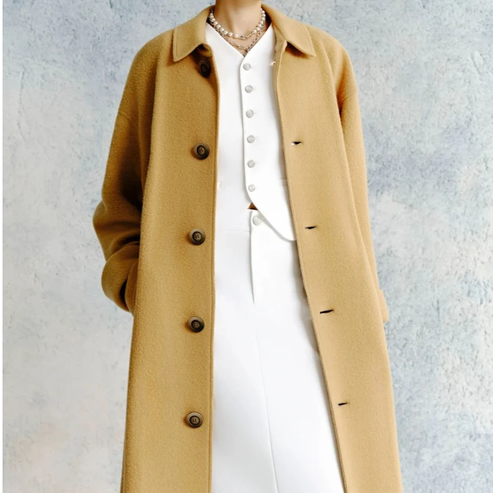 AMASS/阿玛施通勤气质排扣翻领中长款宽松纯色大衣外套5492890