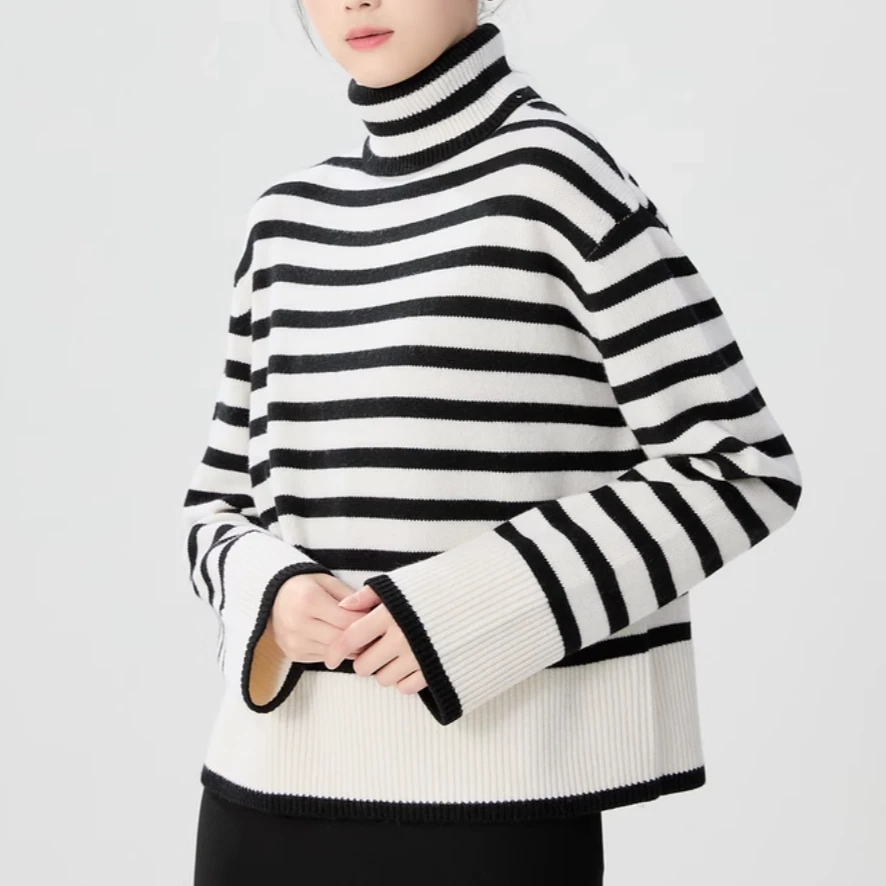 AMASS/阿玛施秋冬款高领套头条纹简洁宽松毛衣针织衫5399760长袖