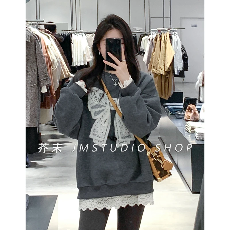 【浮浮款-只出不进】钩花蝴蝶结加绒圆领卫衣