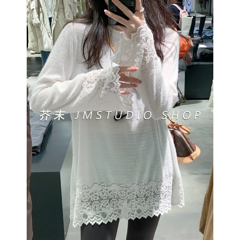 【浮浮款-只出不进】绒面拼接蕾丝打底T恤