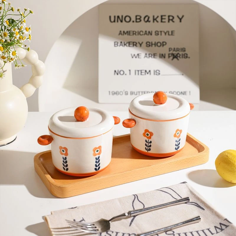 舍里小花陶瓷隔水炖盅带盖双耳炖燕窝盅蒸蛋盅炖罐家用小炖盅汤碗