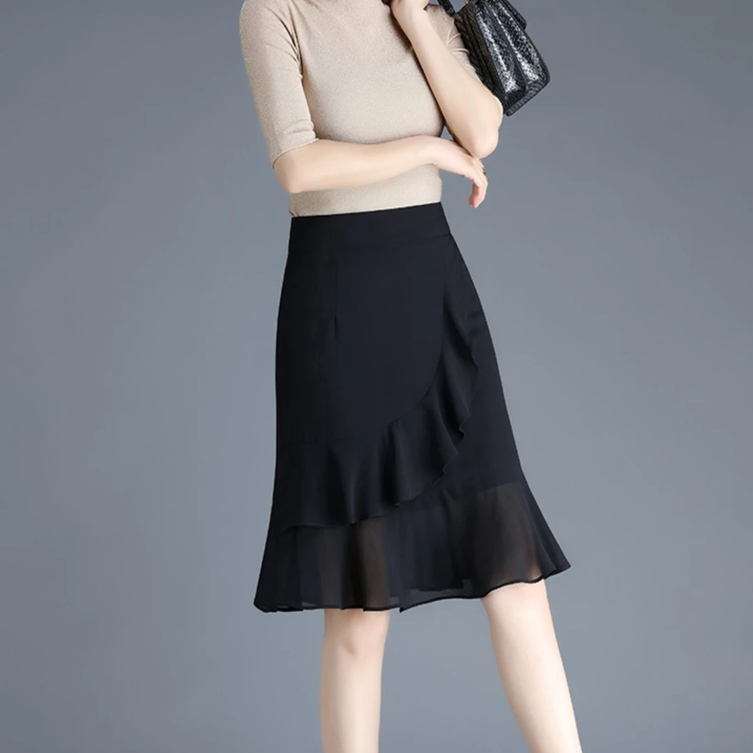 【梦娇惜】黑色雪纺短裙半身裙女夏季裙子高腰显瘦a字鱼尾裙包臀裙w