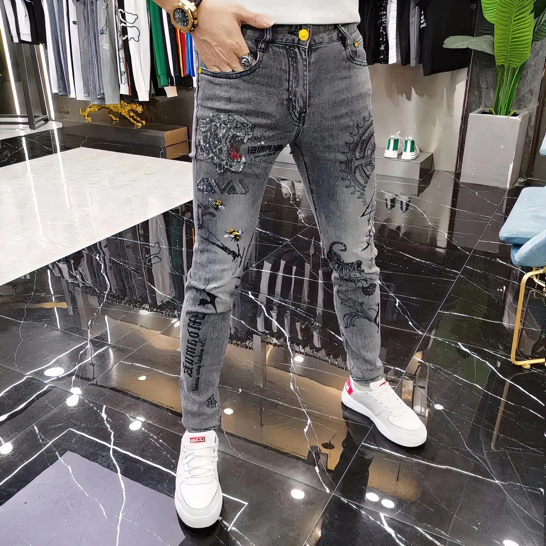 男士高端轻奢欧货潮牌牛仔裤老虎潮流灰色小休闲长裤紧身裤修身裤