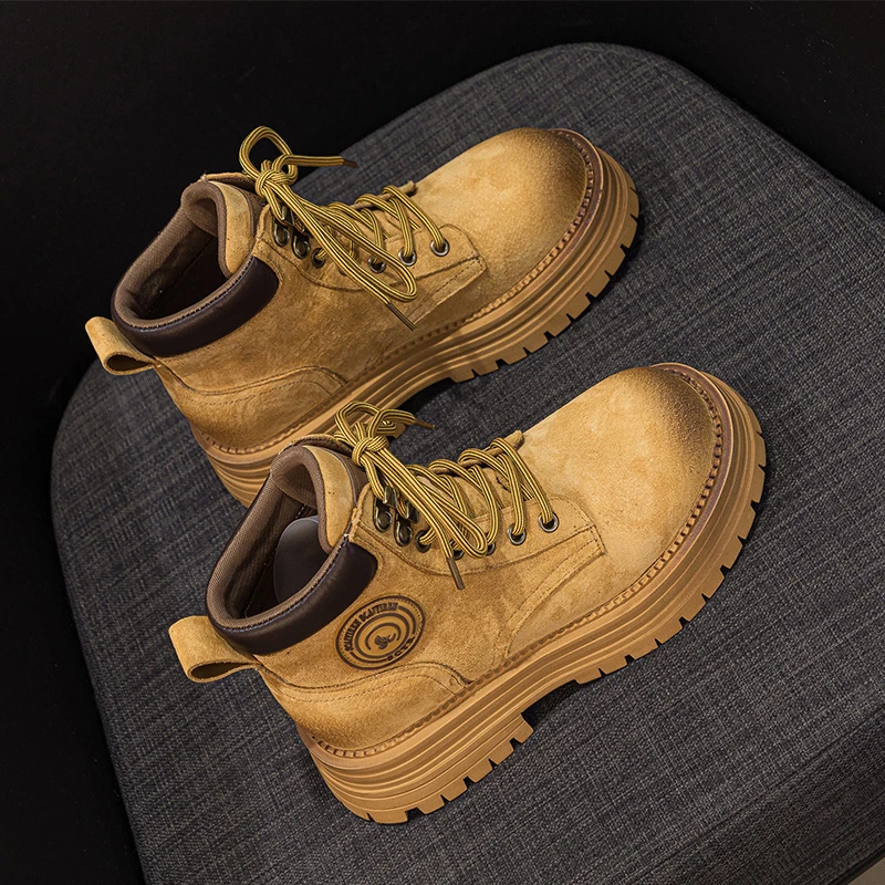 厚底大黄靴女秋冬新款英伦风马丁靴内增高短靴户外徒步女靴工装靴