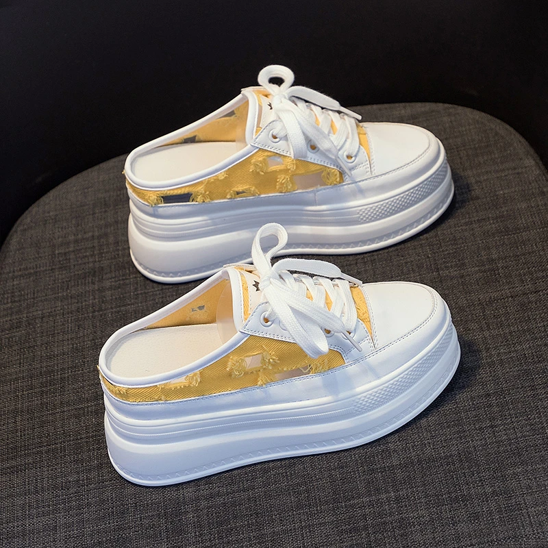 厚底包头拖女夏季网面镂空薄款半托内增高小白鞋懒人一脚蹬半拖鞋