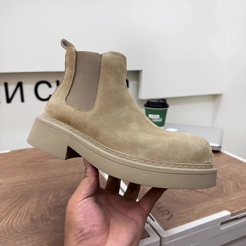 翻毛皮切尔西靴男士大头工装马丁靴中帮百搭厚底休闲短筒机车男靴