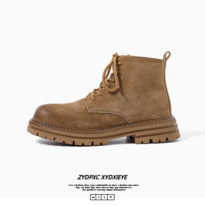 2024新款中帮马丁靴男式大黄靴户外高帮秋冬百搭加绒工装靴子男潮