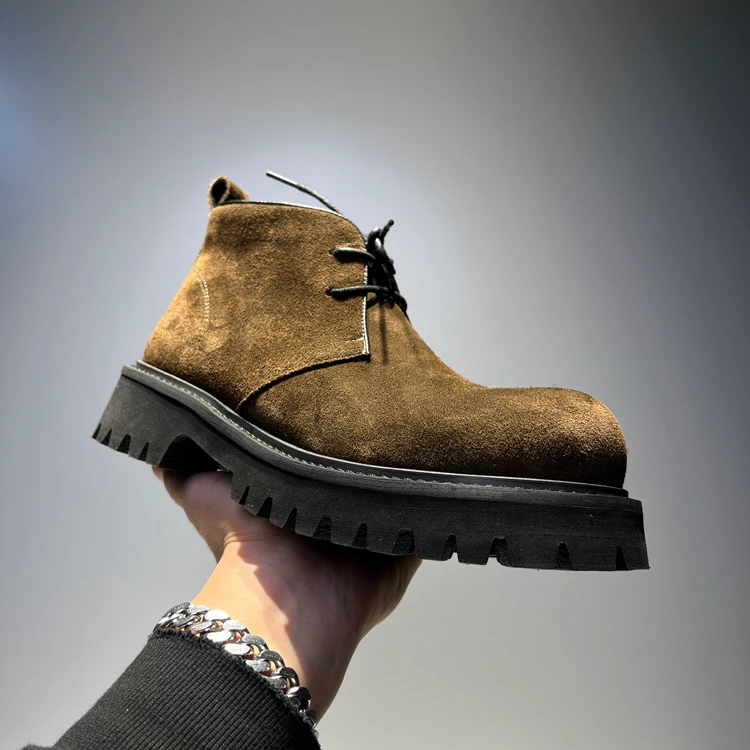 鞋子男高帮复古美式大头工装靴厚底加绒马丁靴秋冬季翻毛皮英伦风