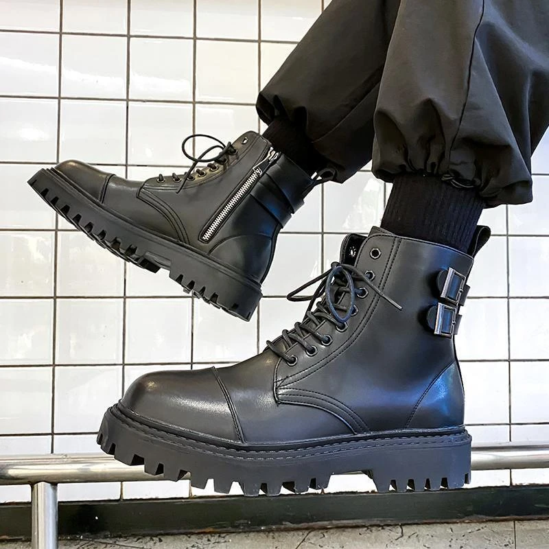 马丁靴男款秋季加绒中帮机车英伦厚底增高靴子黑色拉链高帮工装靴
