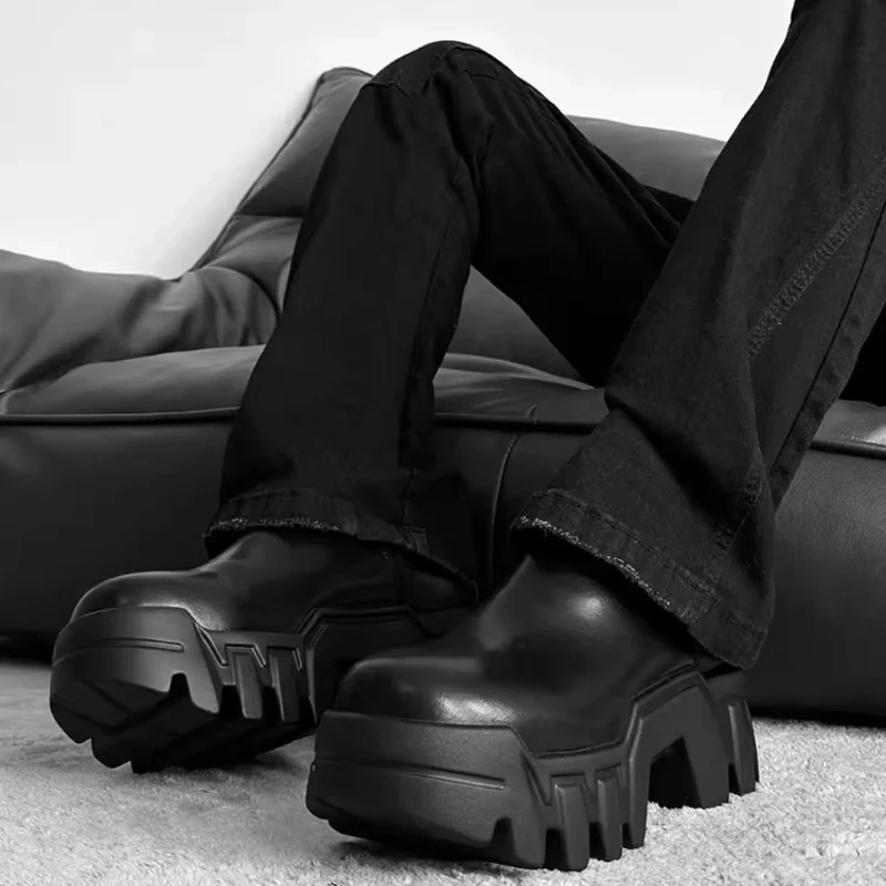 重工低帮增高8CM厚底德比鞋男款齿轮男士黑色大头休闲乐福皮鞋潮