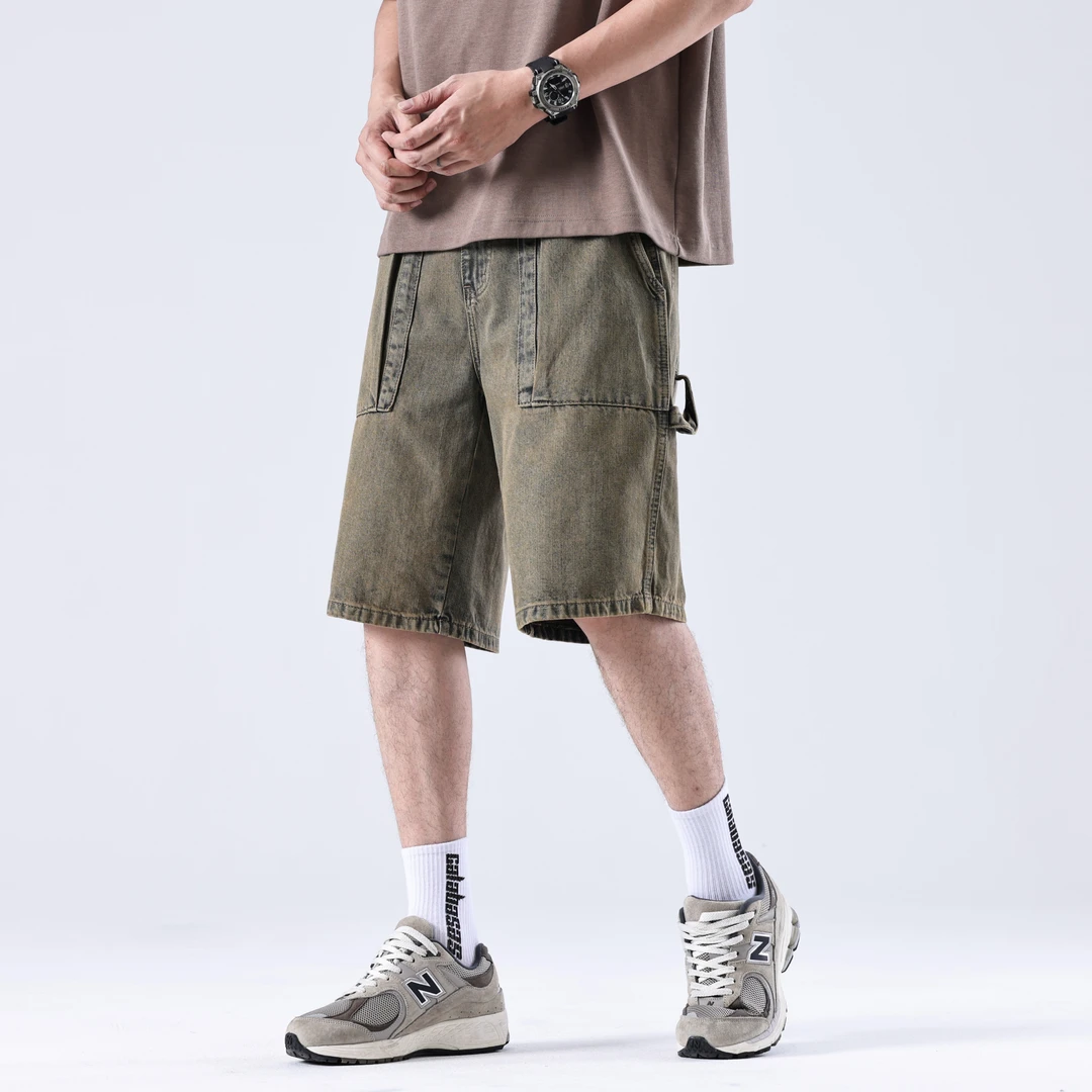 赤单OGT337美式重工复古泥黄牛仔短裤男宽松阔腿工装做旧五分裤子