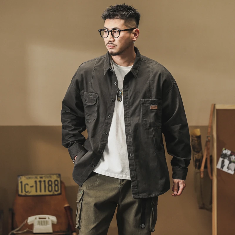 赤单6016男宽松百搭水洗秋冬季加绒翻领工装风休闲街头长袖衬衫