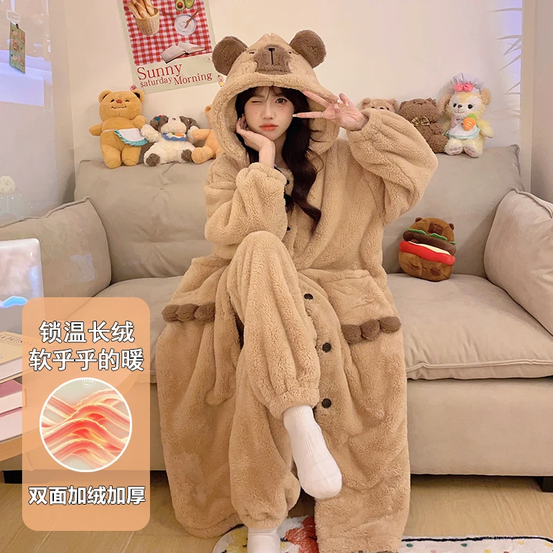睡衣女秋冬季珊瑚绒睡袍连帽加绒加厚可外穿保暖套装家居服高颜值