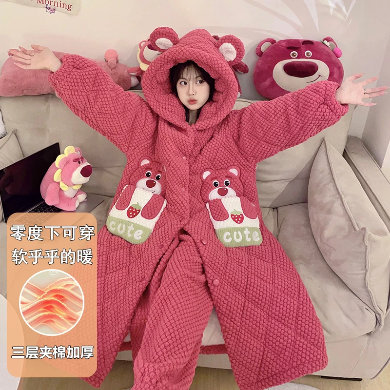 三层夹棉睡袍女冬加厚加绒连帽甜美可爱珊瑚绒超厚睡衣套装家居服
