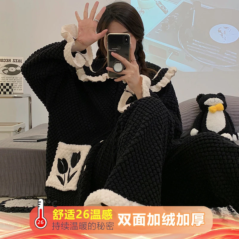 小香风睡衣女冬加厚加绒两件套休闲可外穿珊瑚绒套装家居服高级感