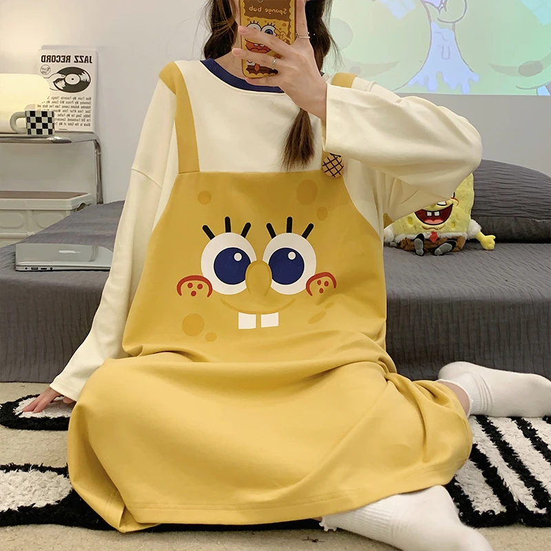海绵宝宝睡裙女春秋季网红爆款2025新款卡通可爱学生长款睡衣裙子