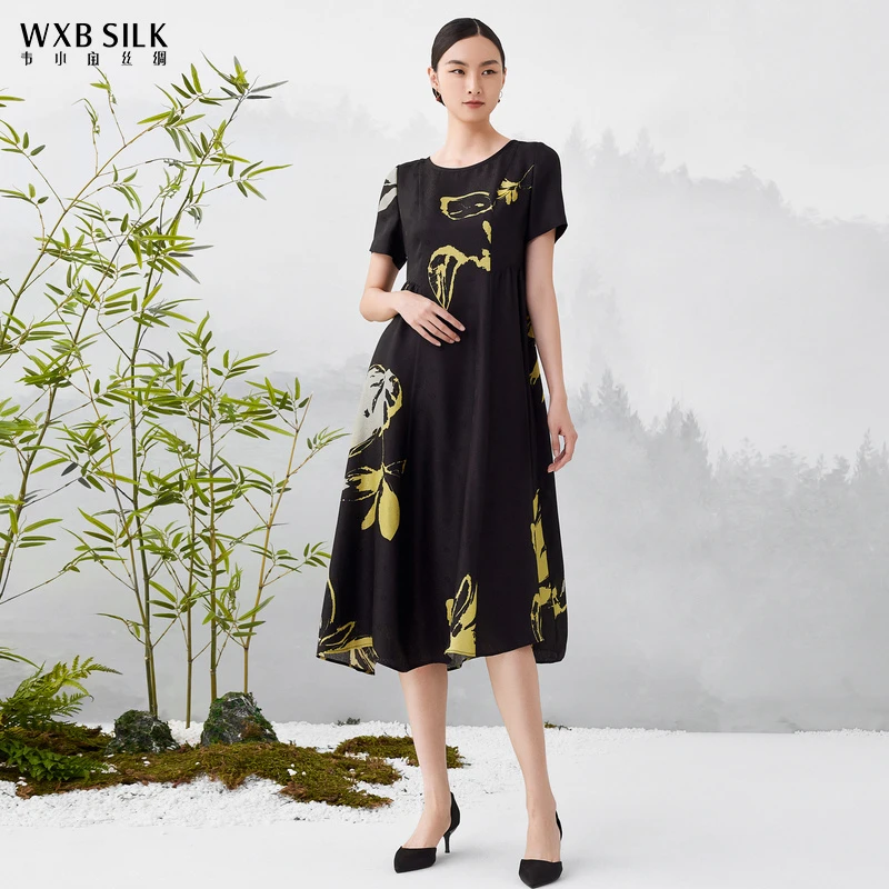 韦小宝24年夏新款桑蚕丝黑黄色印花花罗连衣裙2321147242