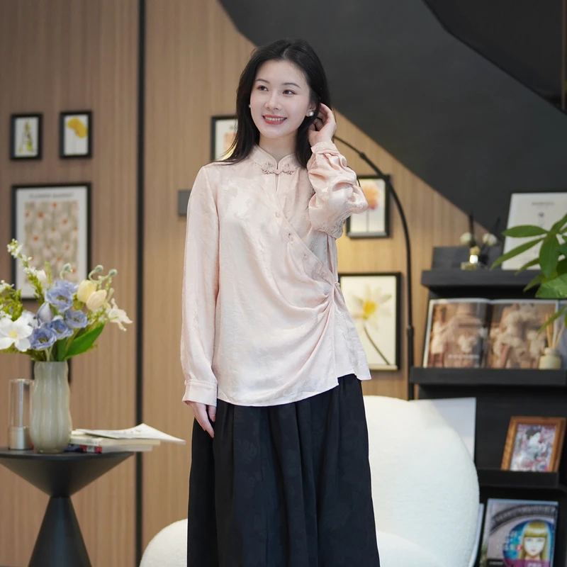 韦小宝24年秋新款桑蚕丝19mm桑波缎宽松正肩新中式小衫2431101143