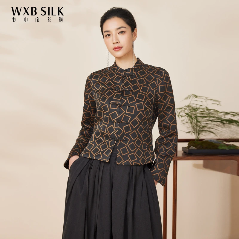 韦小宝春夏香云纱印花桑蚕丝百搭长袖女士上衣真丝上装2191114463