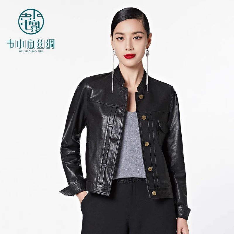 韦小宝秋季新品时尚黑色短款羊皮革夹克百搭女士外套2111110320