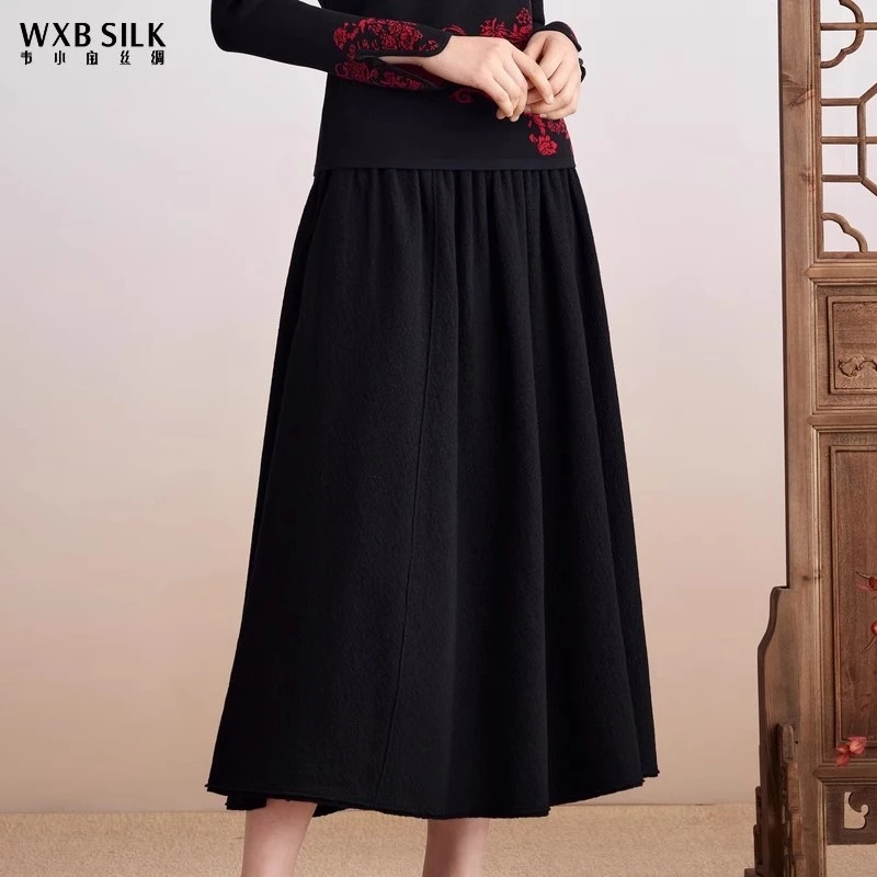 韦小宝秋冬款绵羊毛A版时尚优雅橄榄微弹肌理感中长裙2341143095