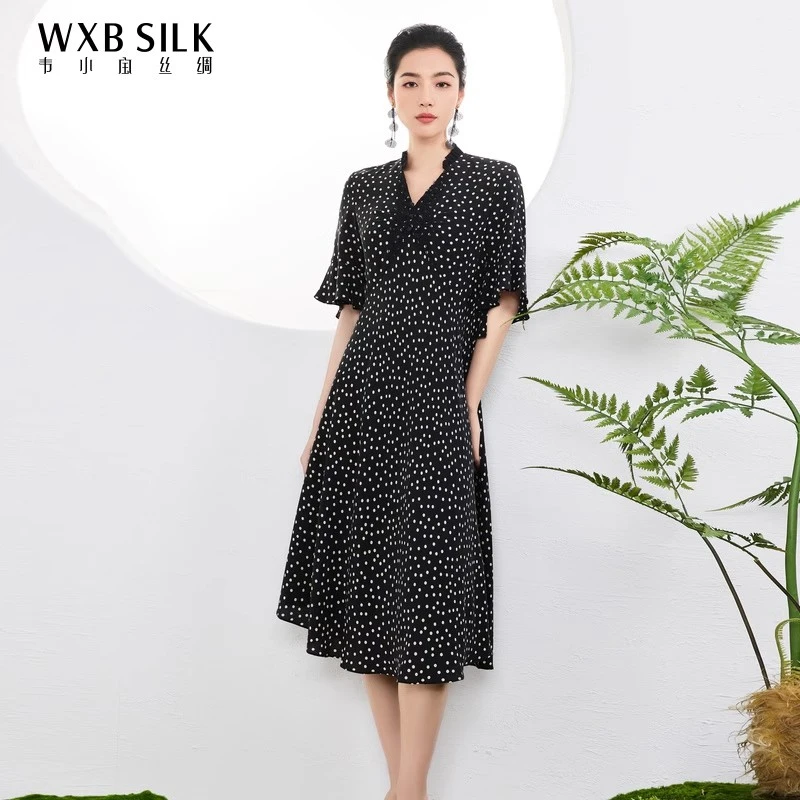 韦小宝春夏气质桑蚕丝印花v领短袖波点女装连衣裙女9221147472