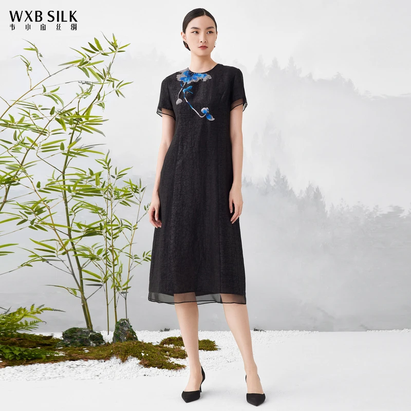 韦小宝香云纱新款夏短袖兰花龟裂纹复古国风旗袍裙2321147276