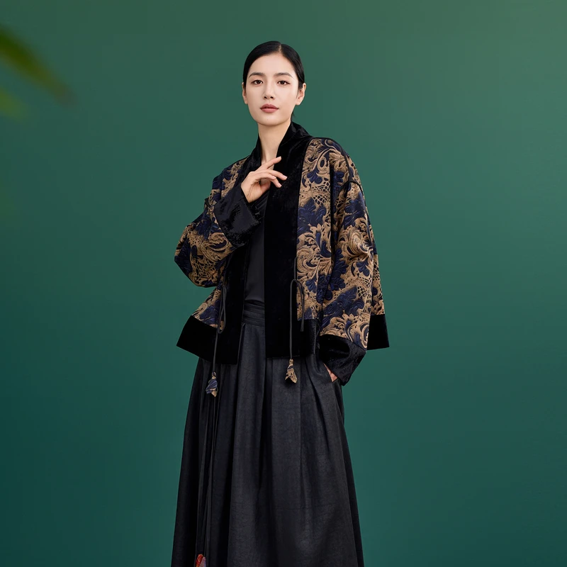 韦小宝秋冬复古汉元素丝绒中式印花香云纱短外套外披6441108107