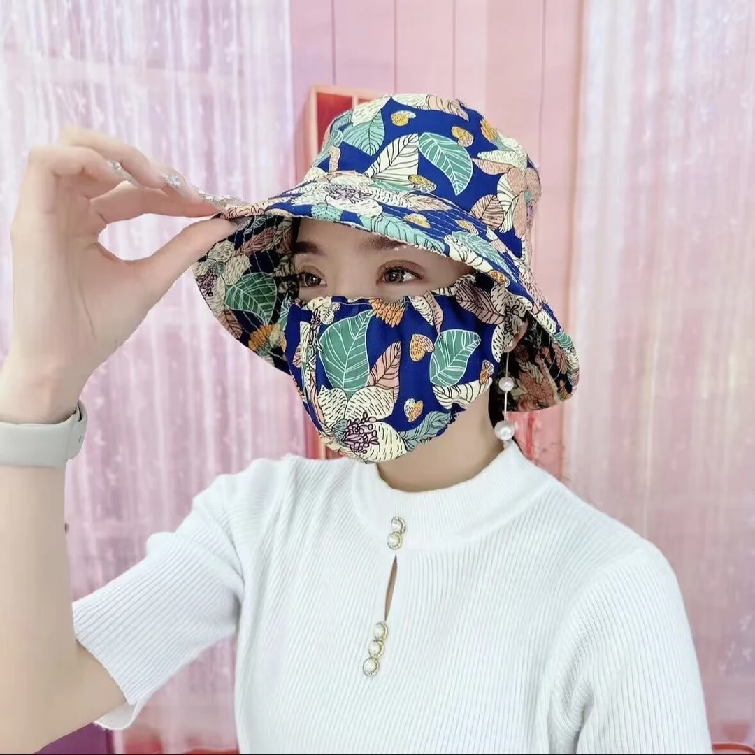 66新款春夏棉质女帽防晒口罩帽子一体遮阳帽户外采茶帽骑车防晒