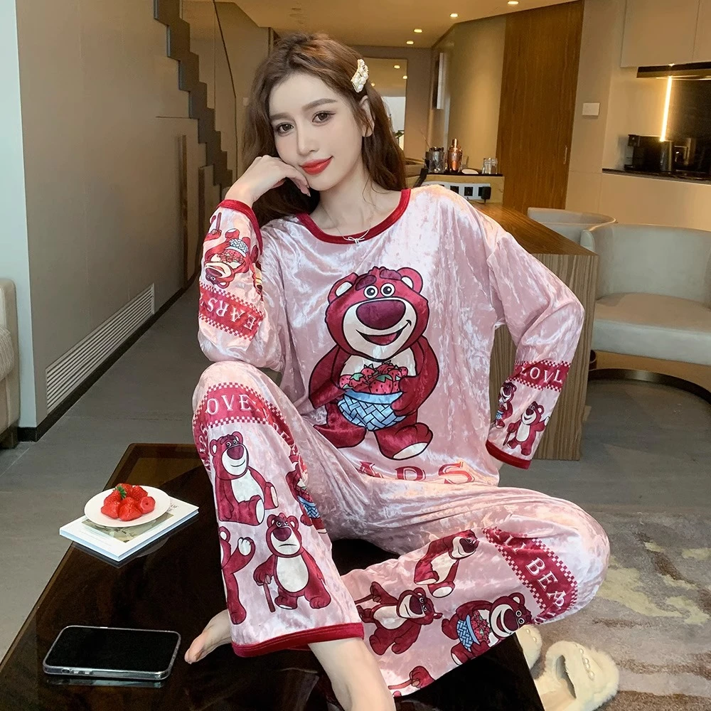 2023年新款金丝绒睡衣女春秋季长袖可爱卡通秋冬家居服套装可外穿