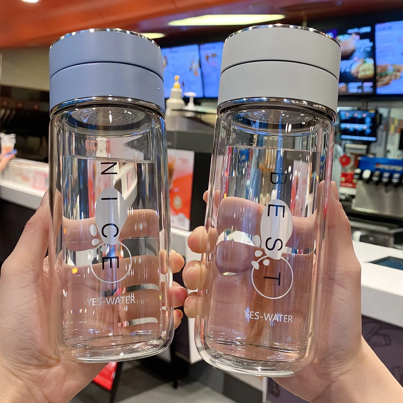 简约韩版隔热玻璃杯高颜值茶水分离办公泡茶耐热水杯可爱便携杯子