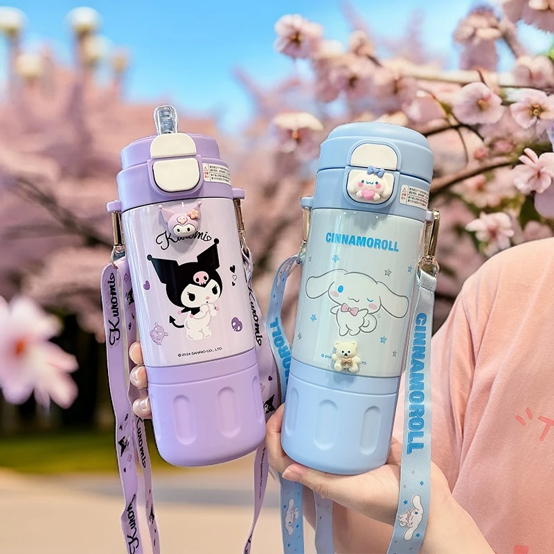 库洛米儿童吸管保温杯小学生上学专用水杯6-12岁双饮斜跨杯子