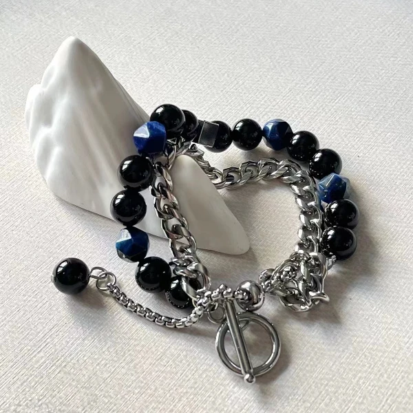 铭玑 天然蓝东陵玉8mm搭配钛钢单圈时尚精致百搭手链Y110136