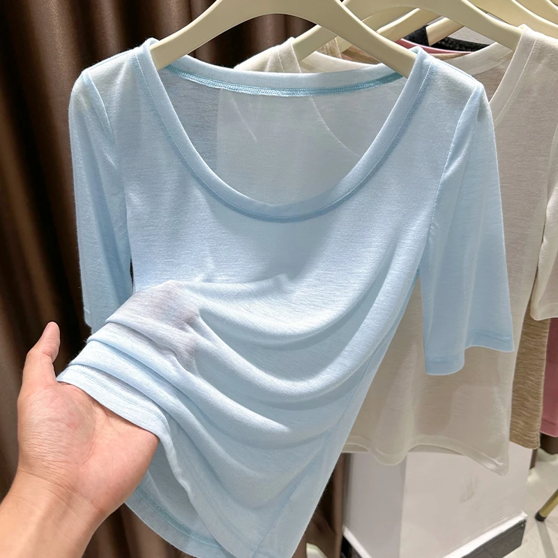 高档次浅蓝色短袖t恤女超薄新款大圆低领内搭打底衫夏季中袖上衣