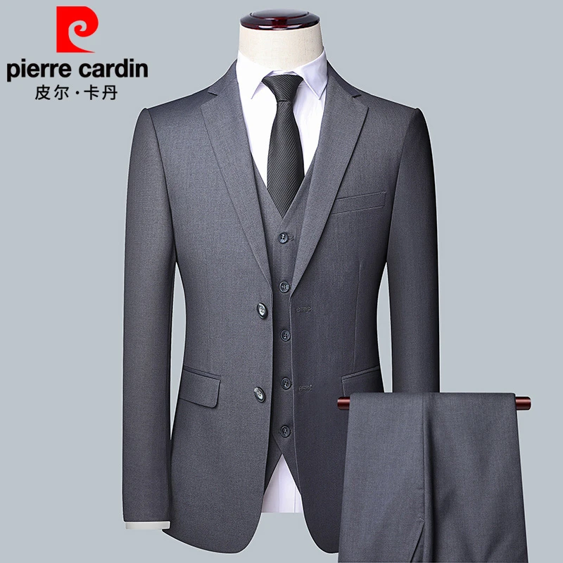 皮尔卡丹秋冬款休闲修身男士商务白板西服男三件套装双扣结婚礼服