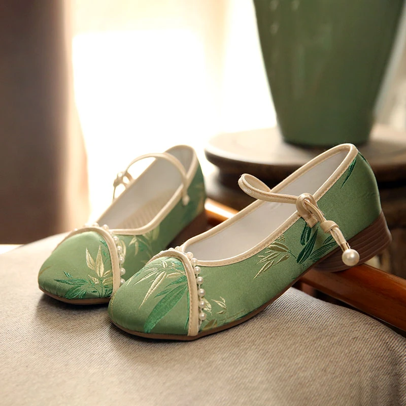 老北京布鞋新中式低跟汉服鞋女圆头粗跟妈妈鞋一字扣旗袍鞋防掉跟