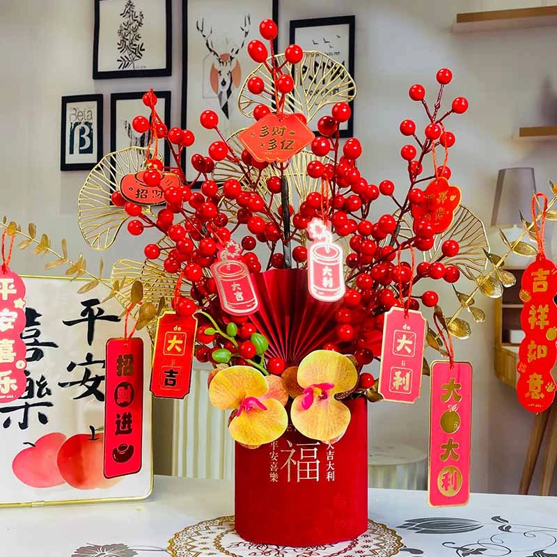春节新年喜庆福桶乔迁发财果红果摆件元旦年宵花假花客厅场景布置