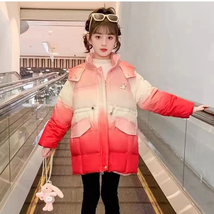 女童2024新款儿童棉服加绒加厚冬季时尚洋气渐变中大童棉袄外套