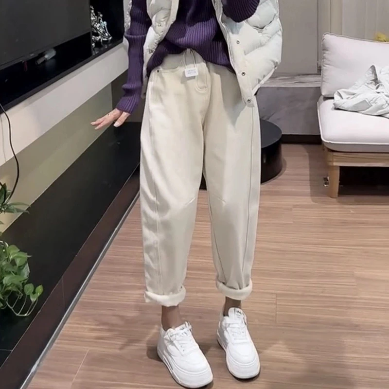 Aimeerosa/艾洛莎加绒加厚哈伦老爹牛仔裤女2024秋冬季新款九分裤