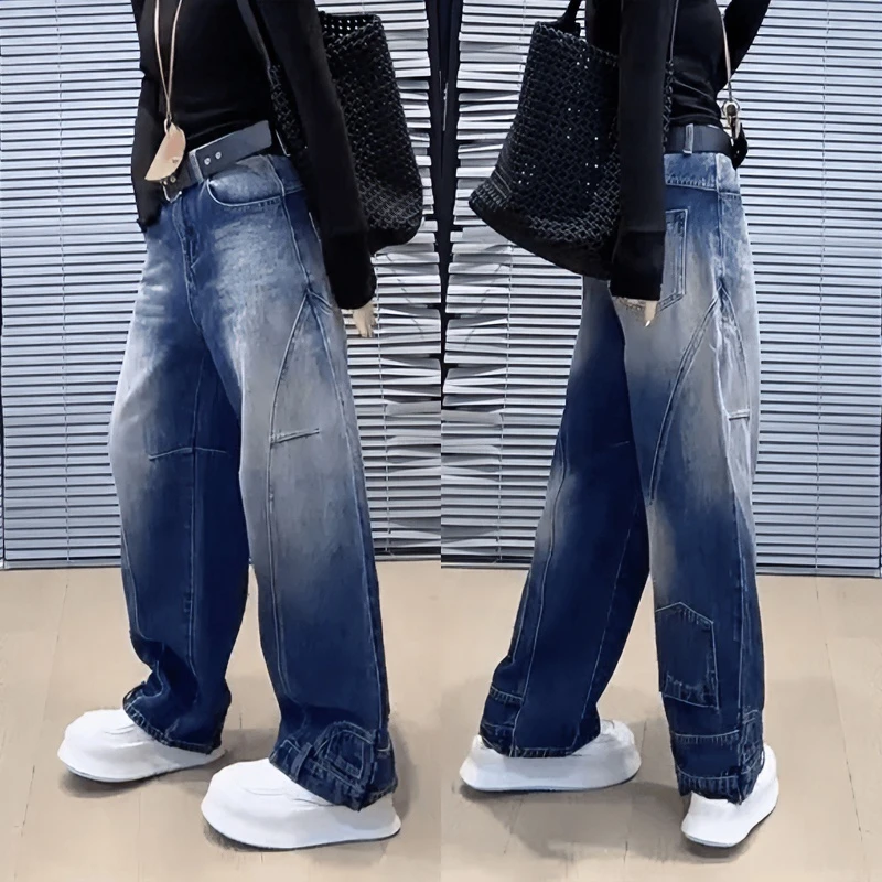 Aimeerosa/艾洛莎遮肉显瘦阔腿牛仔裤女秋季新款弯刀裤梨形香蕉裤