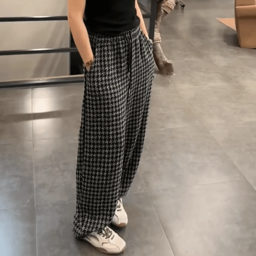Aimeerosa/艾洛莎雅丹秋季千鸟格直筒休闲裤女宽松显瘦百搭长裤子