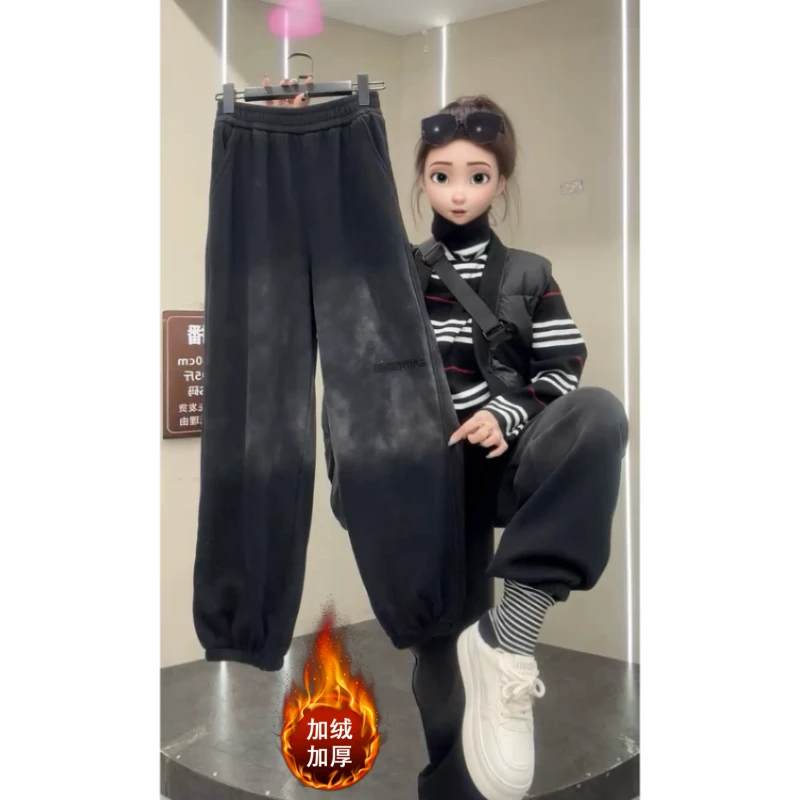 Aimeerosa/艾洛莎黑灰色阔腿休闲裤子女微胖宽松梨形穿搭抽绳卫裤