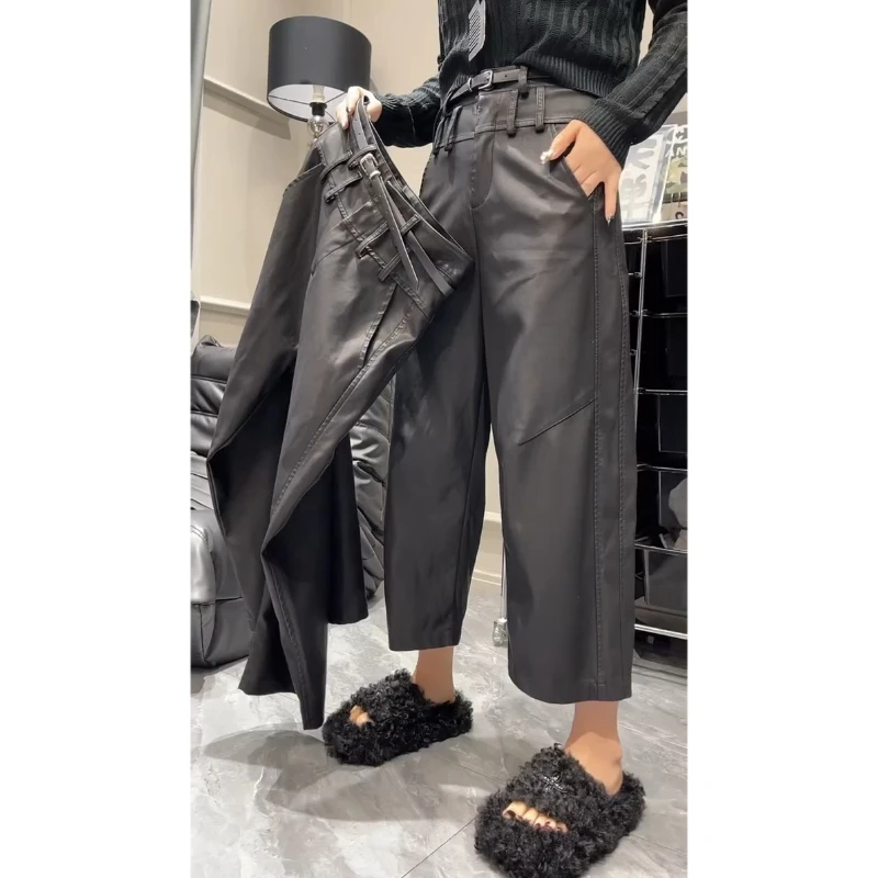 Aimeerosa/艾洛莎秋季新洋气时髦双腰头蛋白皮裤休闲裤百搭八分裤