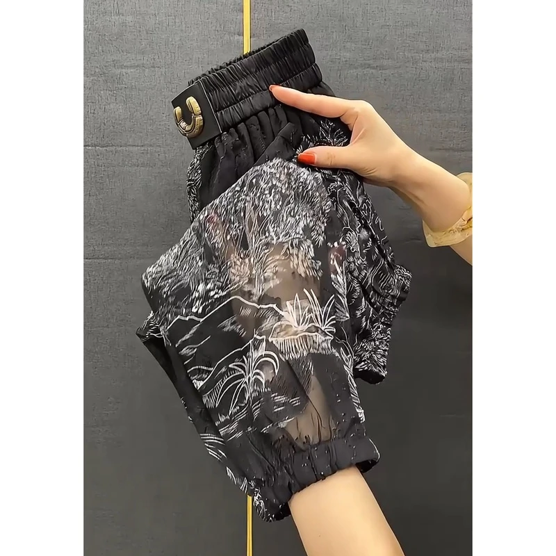 Aimeerosa/艾洛莎高腰显瘦休闲裤百搭束脚蕾丝镂空薄款哈伦九分裤