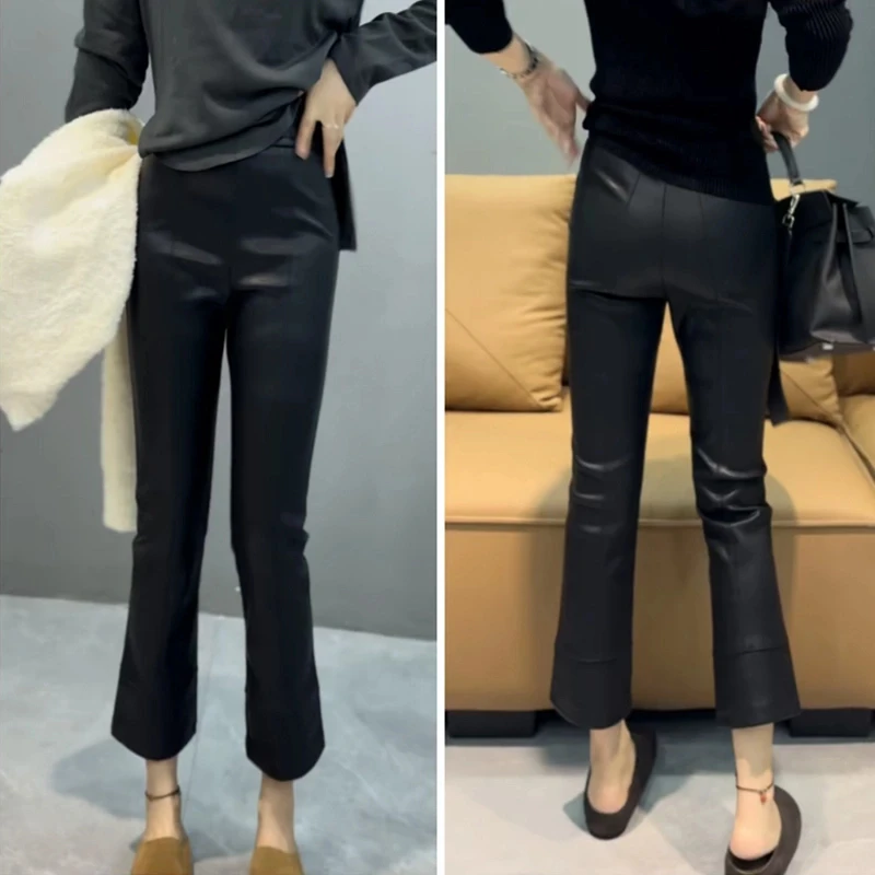 Aimeerosa/艾洛莎冬季爆款大码高腰加绒微喇皮裤女显瘦百搭九分裤