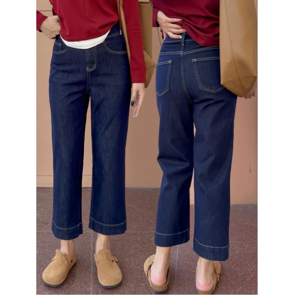 Aimeerosa/艾洛莎深蓝色直筒牛仔裤女2024秋季微胖百搭显瘦烟管裤