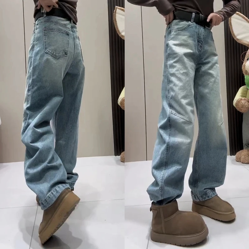 Aimeerosa/艾洛莎加绒加厚显瘦直筒牛仔裤2024新款弯刀拖地阔腿裤